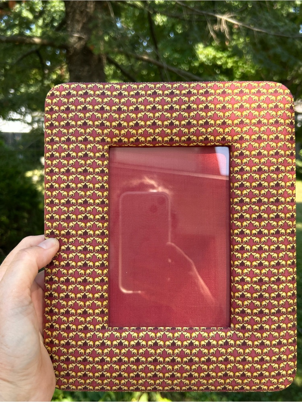 Jim Thompson Frame Picture Elephant Thai Silk Fabric Pattern Red Yellow 9x7